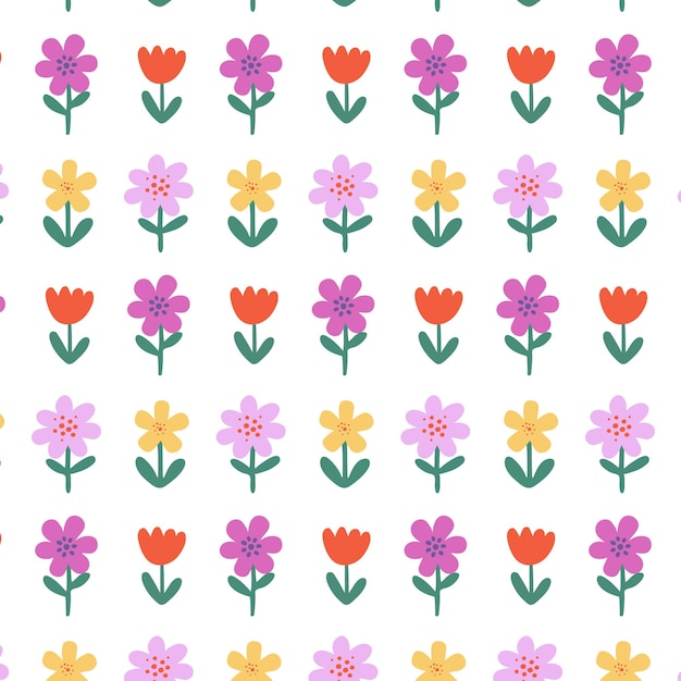 Primavera floral patrón regular sin costuras flor colorida repite en fondo blanco lindo infantil