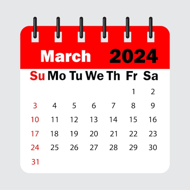 Primavera de hojas de calendario rojo. Calendario de marzo de 2024. Hoja de calendario con los días de la semana.