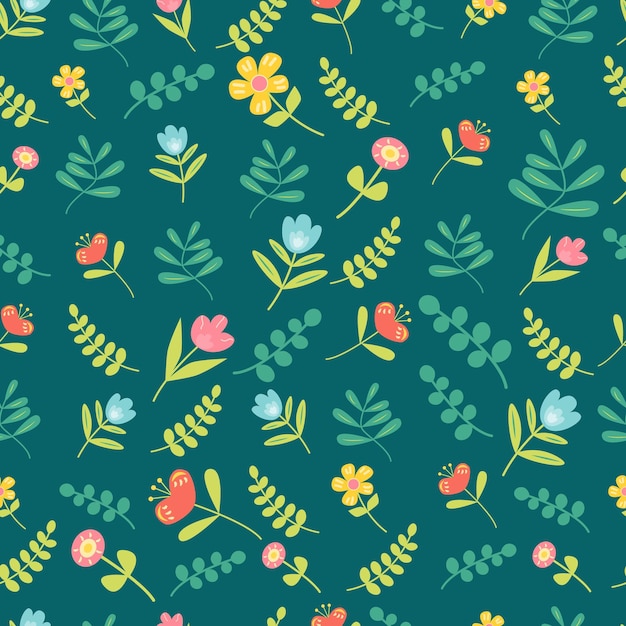 Primavera jardín floral de patrones sin fisuras con diferentes flores y hojas ilustración vectorial plana