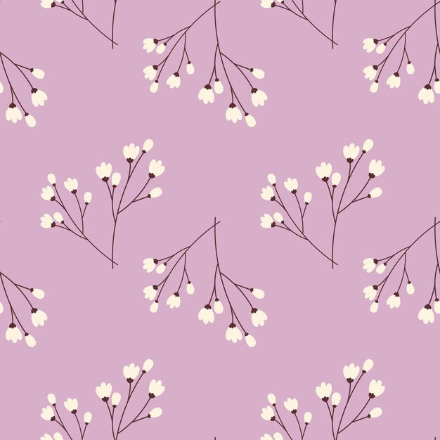 Primavera Patrón sin costuras con ramas de cerezo en tonos lilas de moda Hola primavera Felices Pascuas