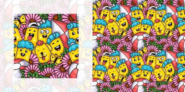 Primavera de patrones sin fisuras doodle de niños jugando y pasando tiempo en un jardín de margaritas