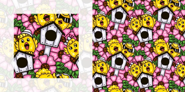 Primavera de patrones sin fisuras doodle de pájaros cantando en un jardín de flores