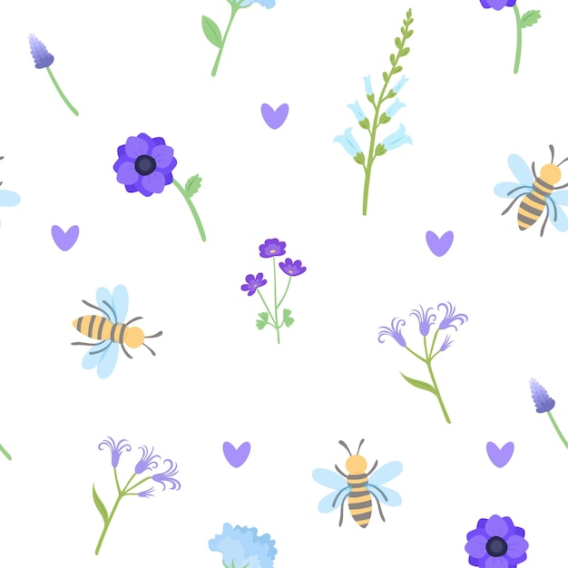 Primavera de patrones sin fisuras con flores hojas y vector de abejas