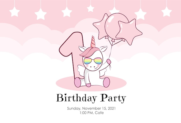 Primer año de nacimiento. Invitación de cumpleaños para niña linda unicornio globos y nubes en rosa