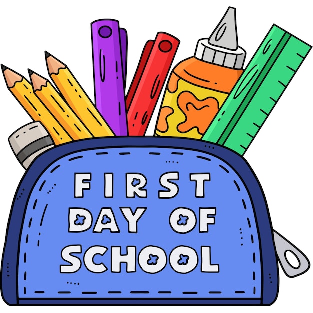 El primer día de escuela en el clip de dibujos animados de Pencil Case