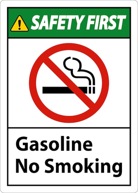 Primer letrero de seguridad de gasolina No se puede fumar en fondo blanco