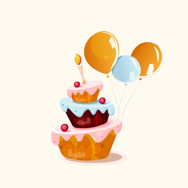 primer pastel de cumpleaños con una vela y cereza y tres globos