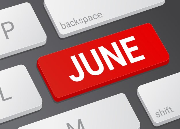 Primer plano del botón del mes de junio en una ilustración realista de un teclado blanco moderno de una computadora portátil