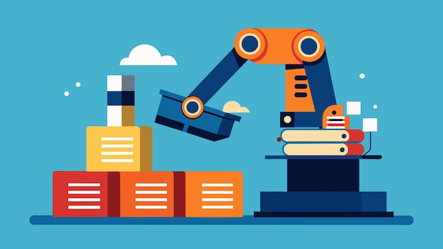 Vector un primer plano de un brazo robótico clasificando diligentemente a través de una pila de datos que muestra el poderoso