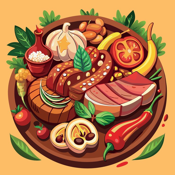 Vector un primer plano de carne a la parrilla mezclada carne de res, cerdo y aves de corral con ajo, pimienta y verduras a la grilla