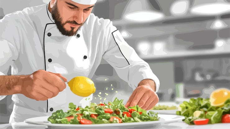 Vector primer plano de un chef masculino exprimiendo jugo de limón