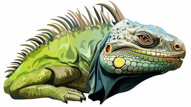Un primer plano detallado de la cabeza de la iguana con un tapón en estilo de dibujos animados
