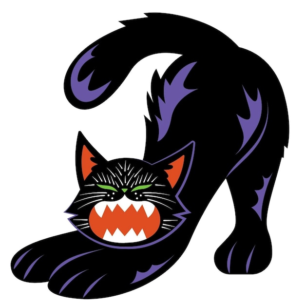 Un primer plano de un gato negro con ojos verdes y una cola púrpura