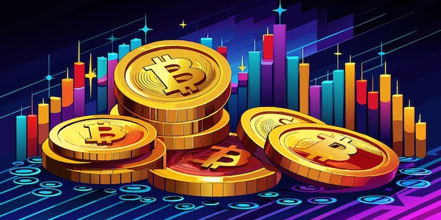 Vector primer plano de golden bitcoin en un fondo reflectante oscuro de gráfico creciente