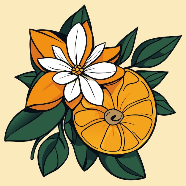 Vector primer plano de una ilustración de vector de flor y hoja de naranja