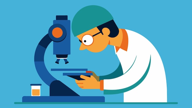 Vector un primer plano de un ingeniero de control de calidad examinando de cerca un producto bajo un microscopio en busca de