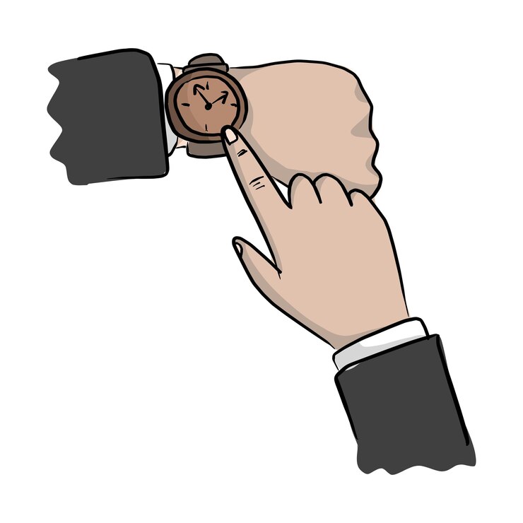 Vector primer plano de la mano de un hombre de negocios señalando reloj en su muñeca ilustración vectorial boceto garabatos