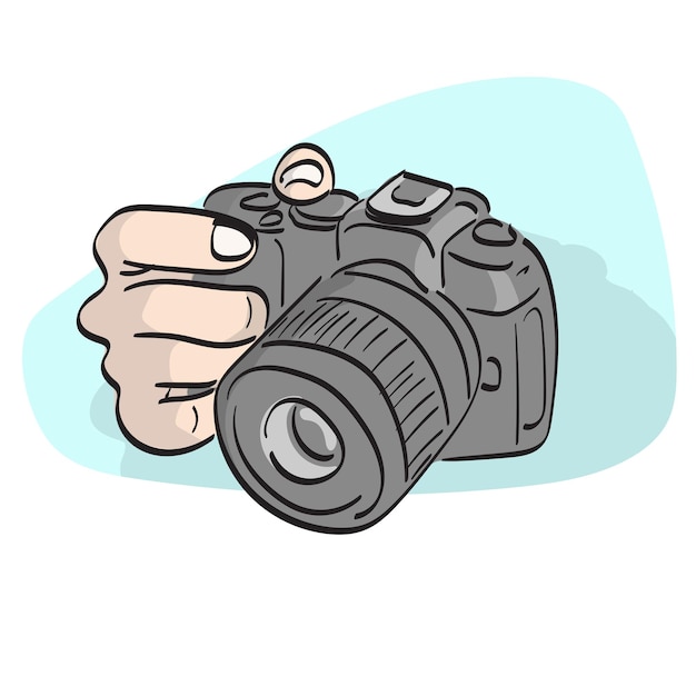 primer plano de la mano que sostiene una cámara DSLR profesional ilustración vectorial dibujada a mano aislada
