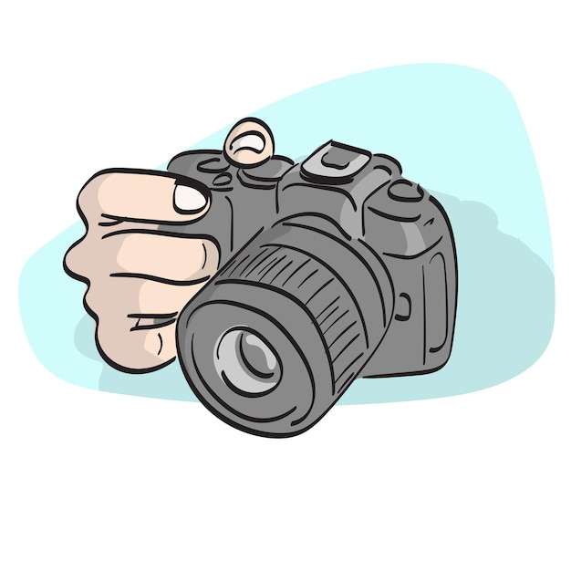 Vector primer plano de la mano que sostiene una cámara dslr profesional ilustración vectorial dibujada a mano aislada