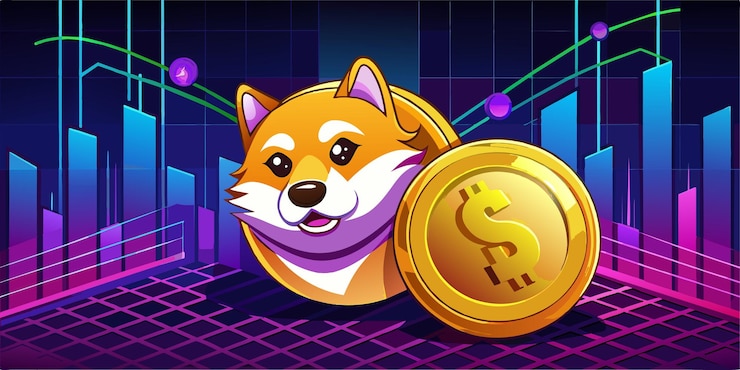 Vector primer plano de la moneda doge de oro en un fondo reflectante oscuro de gráfico creciente