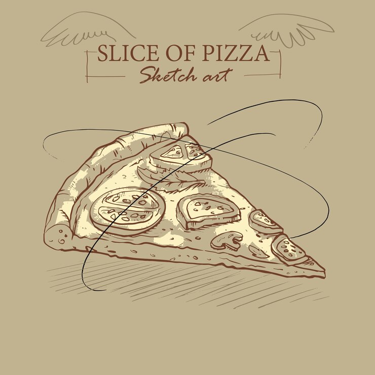 Primer plano de una porción de pizza italiana dibujada a mano cubierta con queso, tomates, champiñones y hierbas sobre fondo beige para copiar el espacio