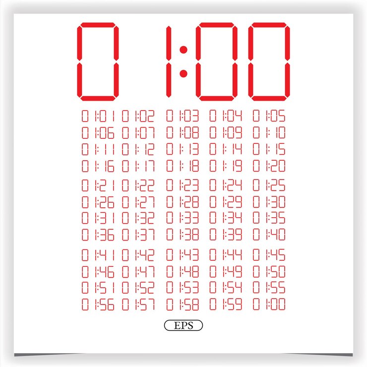 Vector primer plano de reloj digital que muestra las 1 en punto número de reloj digital rojo conjunto de figuras electrónicas vector premium