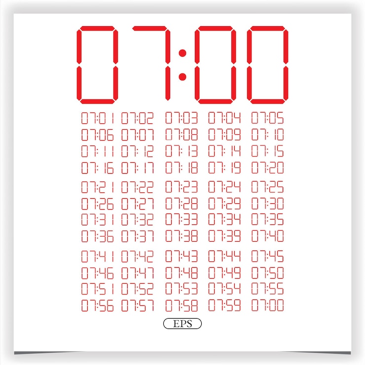 Vector primer plano de reloj digital que muestra las 7 en punto número de reloj digital rojo conjunto de figuras electrónicas vector premium