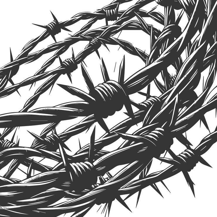 Vector un primer plano de una valla de metal con alambre de púas