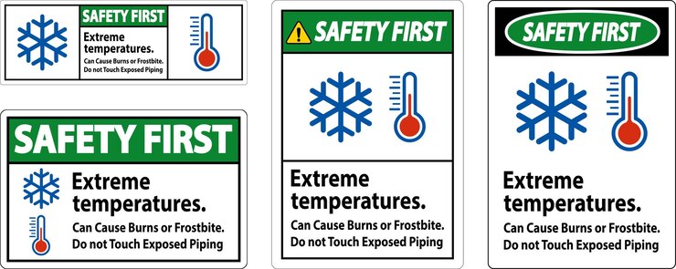 Vector primer signo de seguridad las temperaturas extremas pueden causar quemaduras o congelaciones no toque las tuberías expuestas