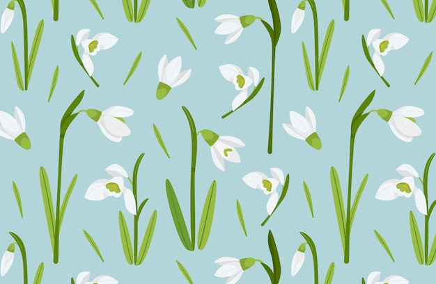 Las primeras flores delicadas de la primavera patrón sin costuras Fondo con gotas de nieve decoración floral