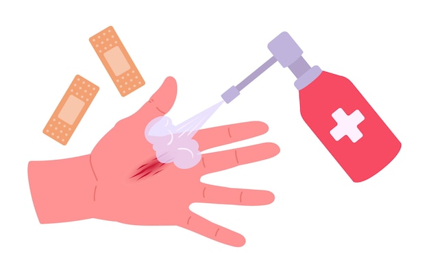 Primeros auxilios para la abrasión Ilustración del vector plano Manos heridas y tratamiento médico