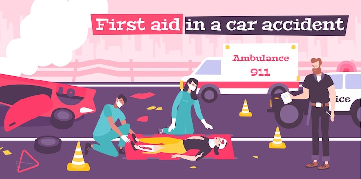 Vector primeros auxilios en la composición plana del accidente automovilístico con la ilustración del coche roto
