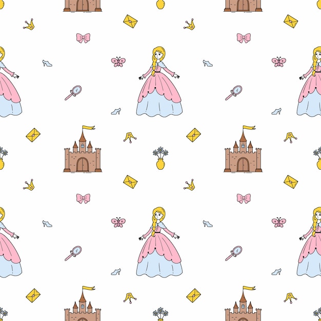Princesa y castillo. Patrón sin costuras para coser ropa de niña. Vivero de fondo. Papel pintado rosa para tela estampada y papel de regalo.