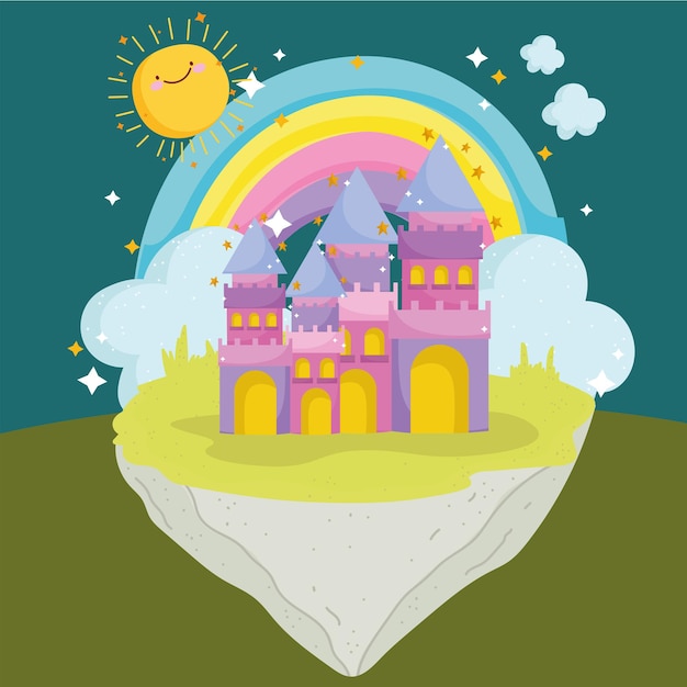 Princesa cuento dibujos animados arco iris castillo fantasía imaginación ilustración vectorial