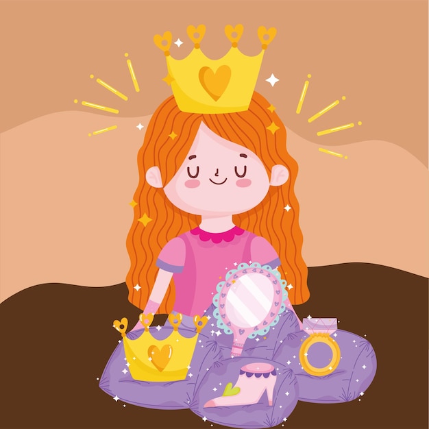Princesa de cuento de dibujos animados linda chica con corona espejo zapato y anillo ilustración vectorial de fantasía