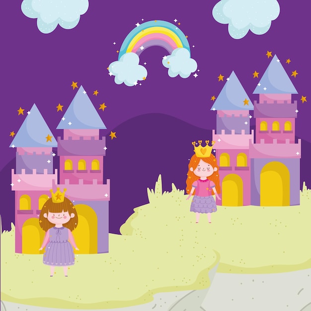 Princesa cuento dibujos animados princesas personaje castillos arco iris ilustración vectorial