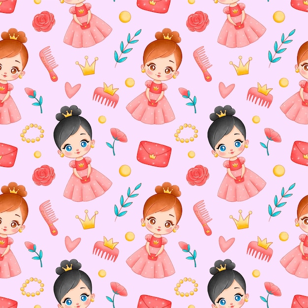 Princesa de dibujos animados lindo de patrones sin fisuras