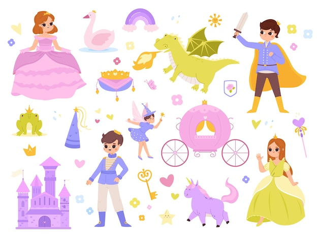 Princesa mágica mundo caballeros y castillo princesas y dama de hadas con varita maravilla unicornio y príncipe rana niños fantasía acogedor clipart vectorial