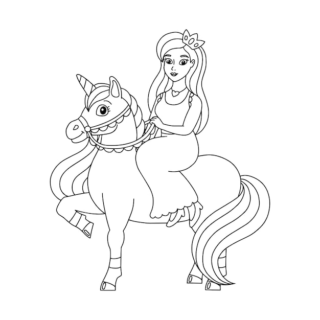 La princesa está montando un unicornio página de libro para colorear para niños