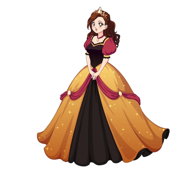 Princesa muy linda de pie y con un vestido dorado. Cabello castaño rizado, grandes ojos de anime.