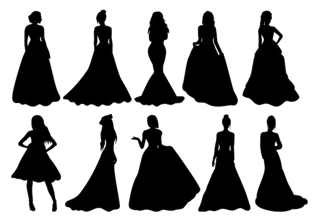 princesa, novia, conjunto, negro, silueta, aislado, vector
