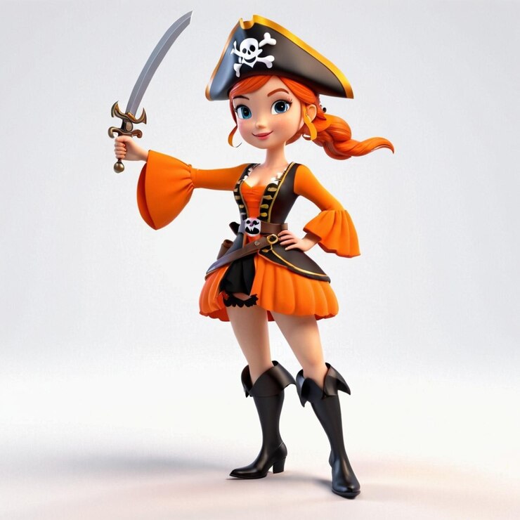 Vector princesa pirata vestida de naranja con cuerpo humano en fondo blanco