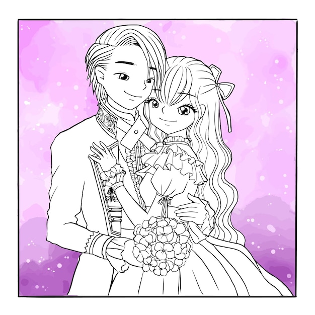 Princesa príncipe página para colorear dibujos animados lindo kawaii manga ilustración clipart