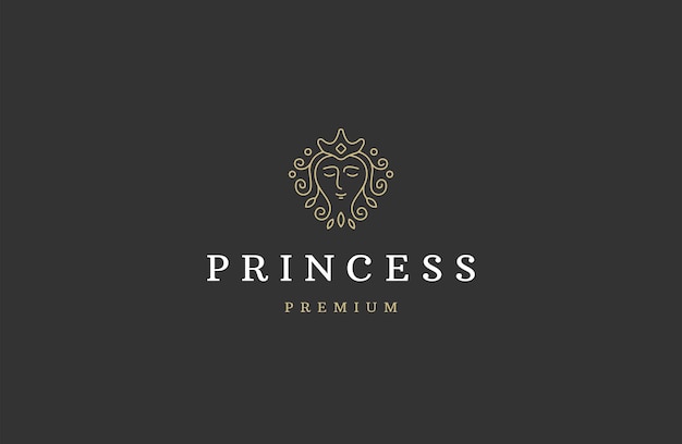 Vector princesa reina de la belleza con estilo de arte de línea plantilla de diseño de icono de logotipo