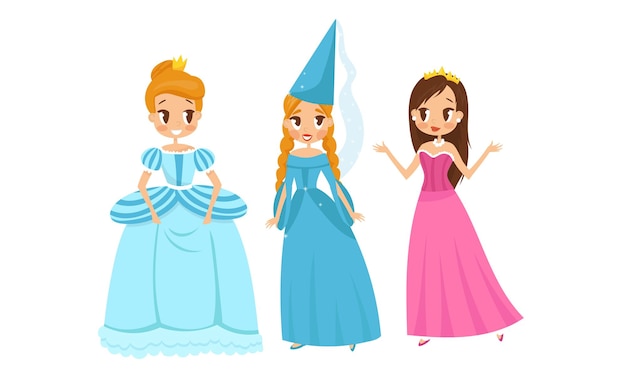 Princesa sonriente con peinado con corona y aspecto vestido conjunto de ilustraciones vectoriales de prendas de vestir