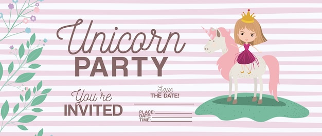 Princesa con tarjeta de invitación de unicornio