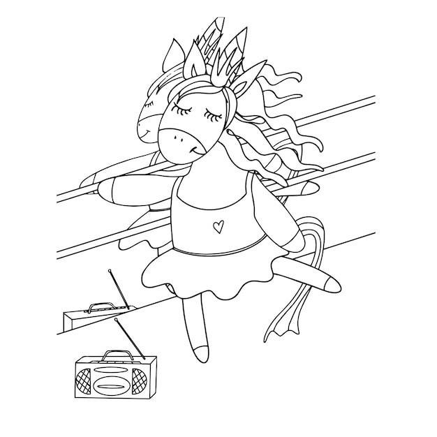 Princesa unicornio bailando Lindo unicornio de dibujos animados Ilustración vectorial en blanco y negro para colorear