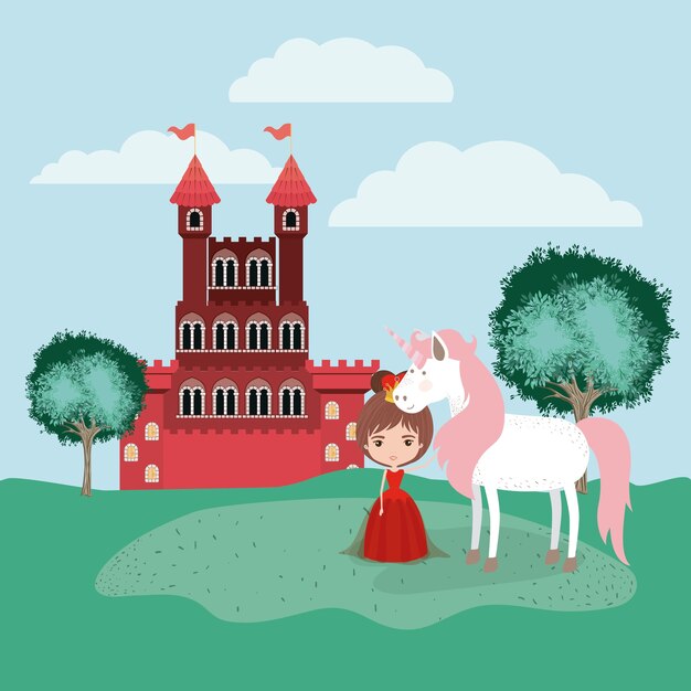 princesa con unicornio en el campamento y el castillo