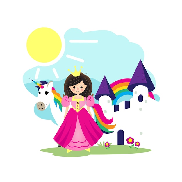 Vector princesa unicornio y castillo blanco ilustración vectorial de dibujos animados planos para portada de libro educativo boo