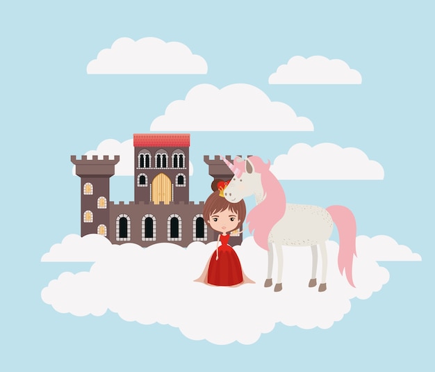 Princesa con unicornio en las nubes y el castillo